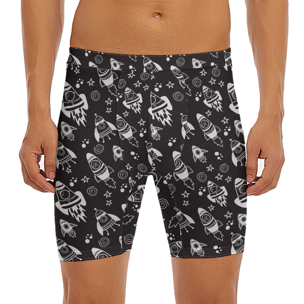 Black And White Rocket Pattern Print Men's Long Boxer Briefs