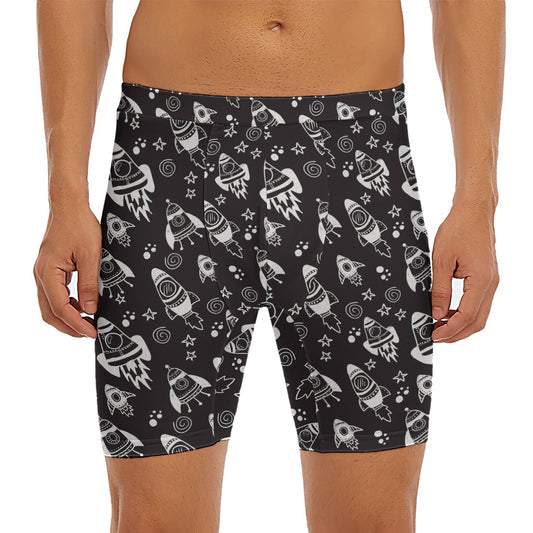 Black And White Rocket Pattern Print Men's Long Boxer Briefs