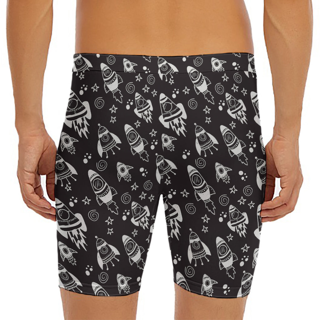 Black And White Rocket Pattern Print Men's Long Boxer Briefs