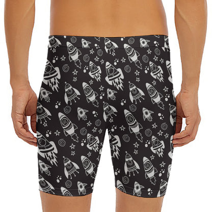 Black And White Rocket Pattern Print Men's Long Boxer Briefs
