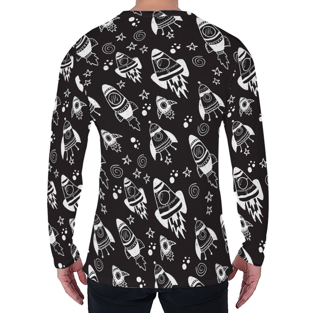 Black And White Rocket Pattern Print Men's Long Sleeve T-Shirt