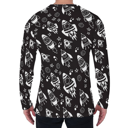 Black And White Rocket Pattern Print Men's Long Sleeve T-Shirt