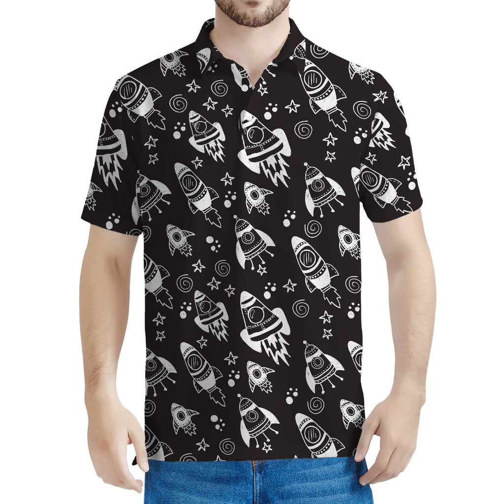 Black And White Rocket Pattern Print Men's Polo Shirt