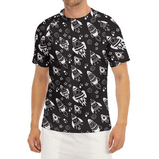 Black And White Rocket Pattern Print Men's Short Sleeve Rash Guard