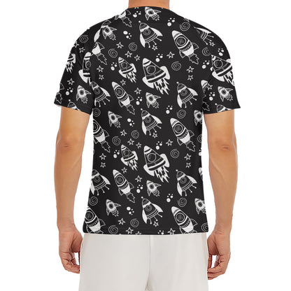 Black And White Rocket Pattern Print Men's Short Sleeve Rash Guard