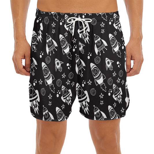 Black And White Rocket Pattern Print Men's Split Running Shorts