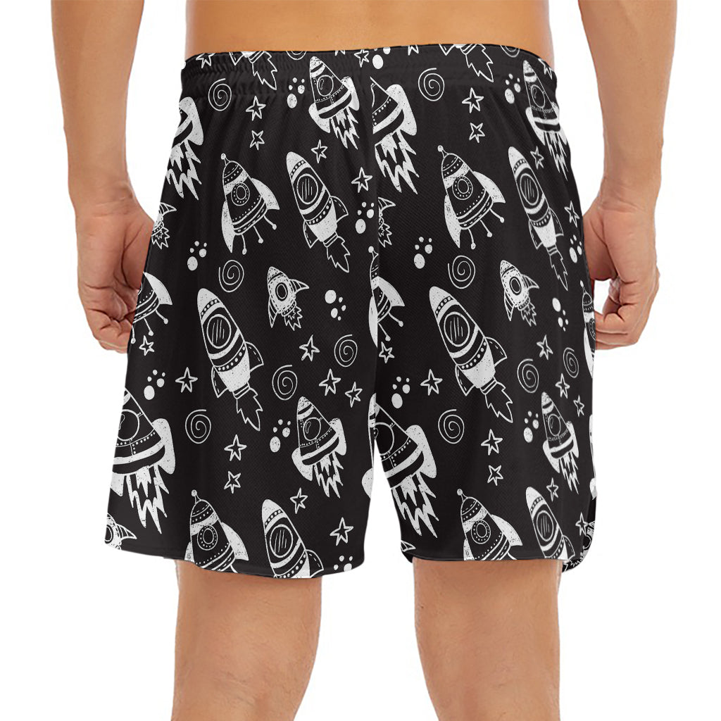 Black And White Rocket Pattern Print Men's Split Running Shorts