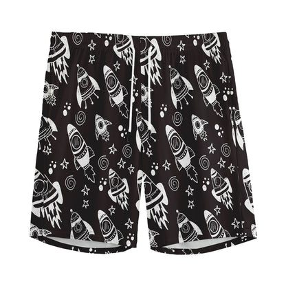 Black And White Rocket Pattern Print Men's Sports Shorts