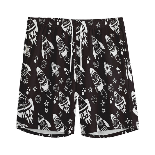 Black And White Rocket Pattern Print Men's Sports Shorts