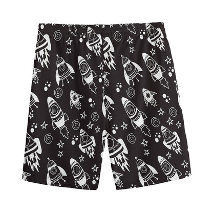Black And White Rocket Pattern Print Men's Sports Shorts