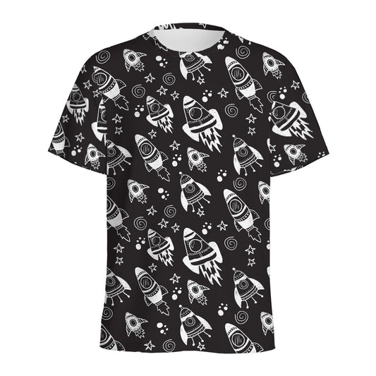 Black And White Rocket Pattern Print Men's Sports T-Shirt