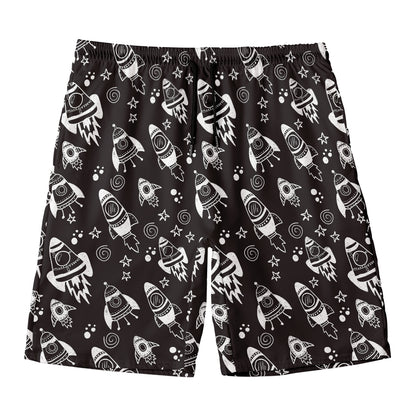 Black And White Rocket Pattern Print Men's Swim Trunks
