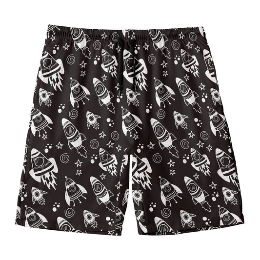 Black And White Rocket Pattern Print Men's Swim Trunks