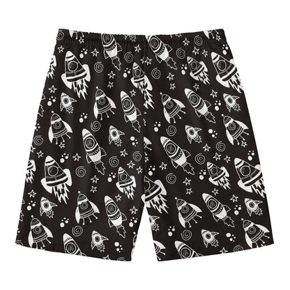 Black And White Rocket Pattern Print Men's Swim Trunks