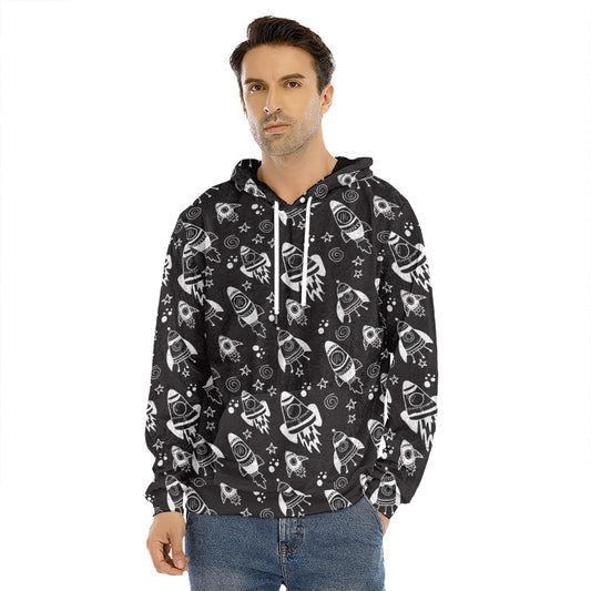 Black And White Rocket Pattern Print Men's Velvet Pullover Hoodie