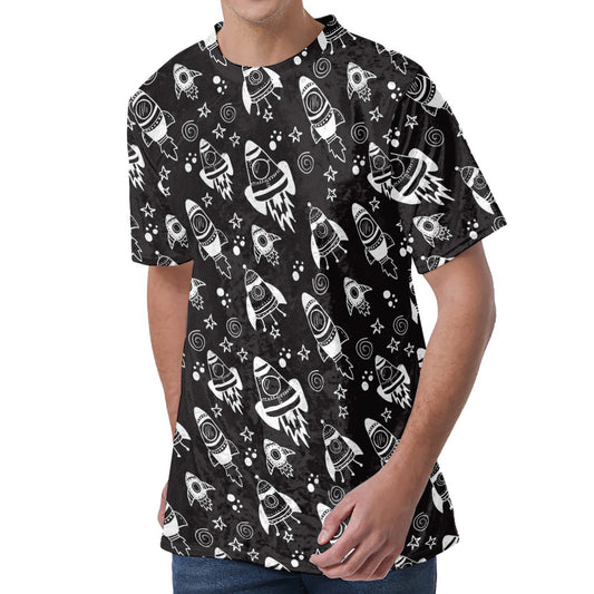 Black And White Rocket Pattern Print Men's Velvet T-Shirt