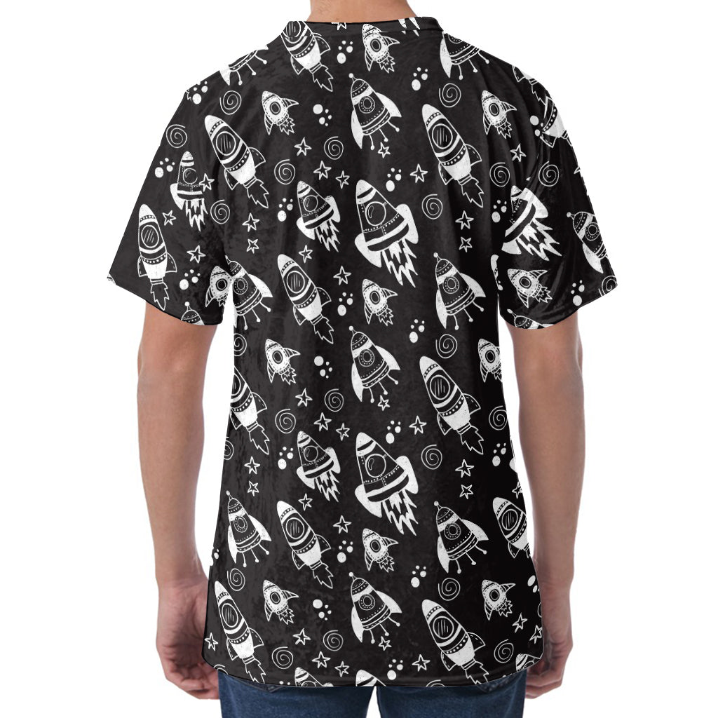Black And White Rocket Pattern Print Men's Velvet T-Shirt