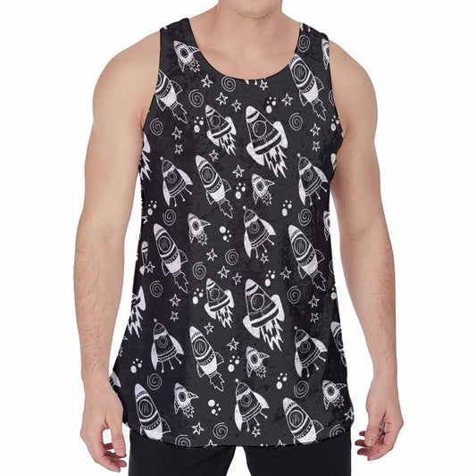 Black And White Rocket Pattern Print Men's Velvet Tank Top