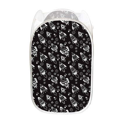 Black And White Rocket Pattern Print Mesh Laundry Hamper