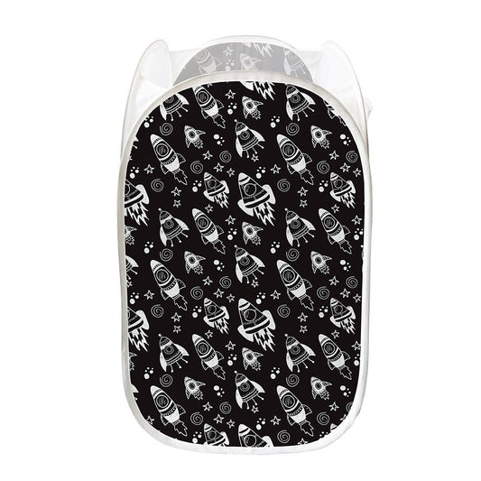 Black And White Rocket Pattern Print Mesh Laundry Hamper