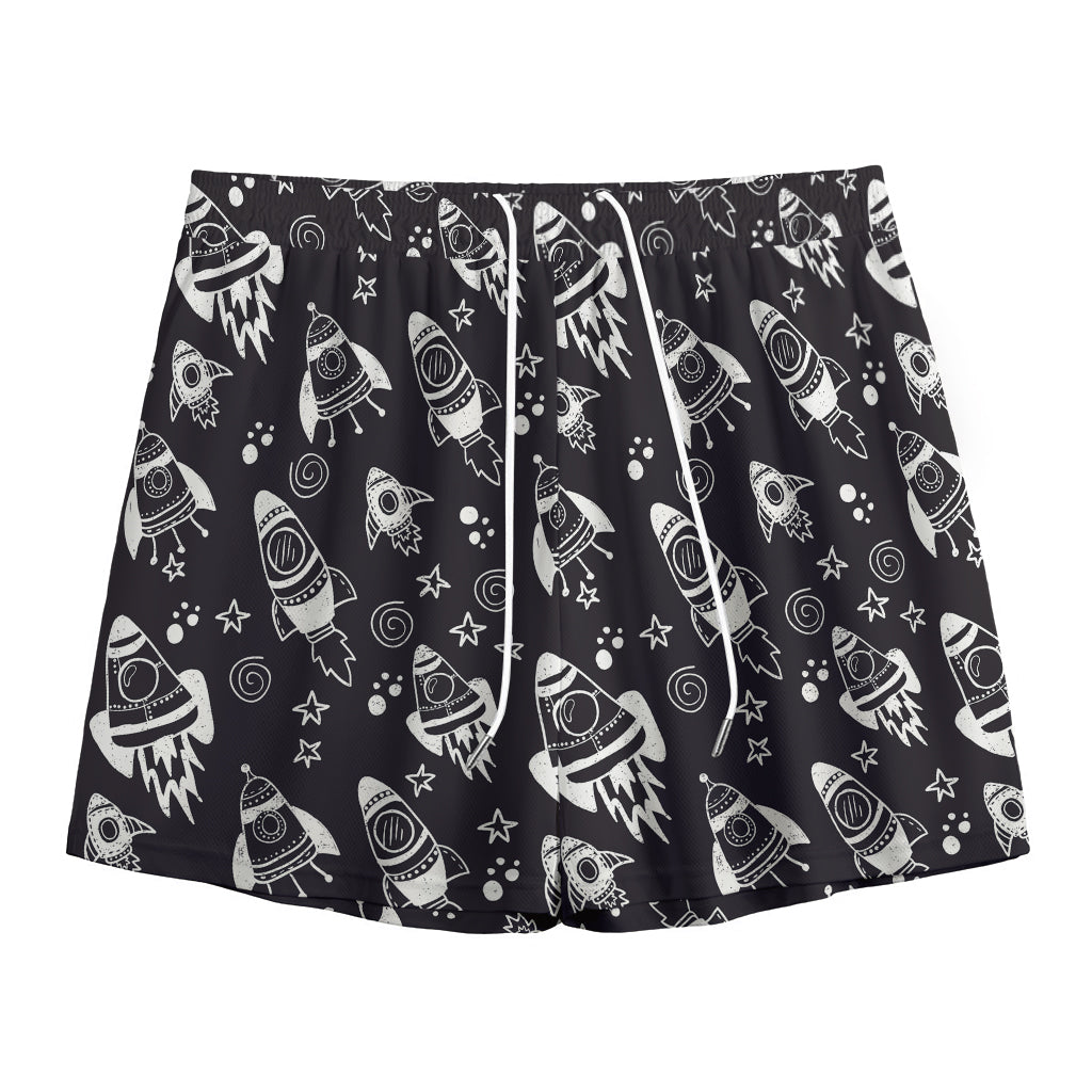 Black And White Rocket Pattern Print Mesh Shorts