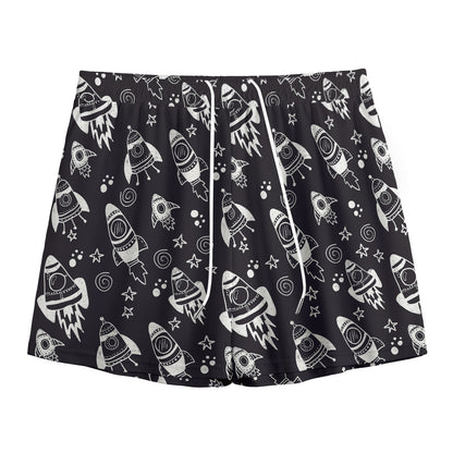 Black And White Rocket Pattern Print Mesh Shorts