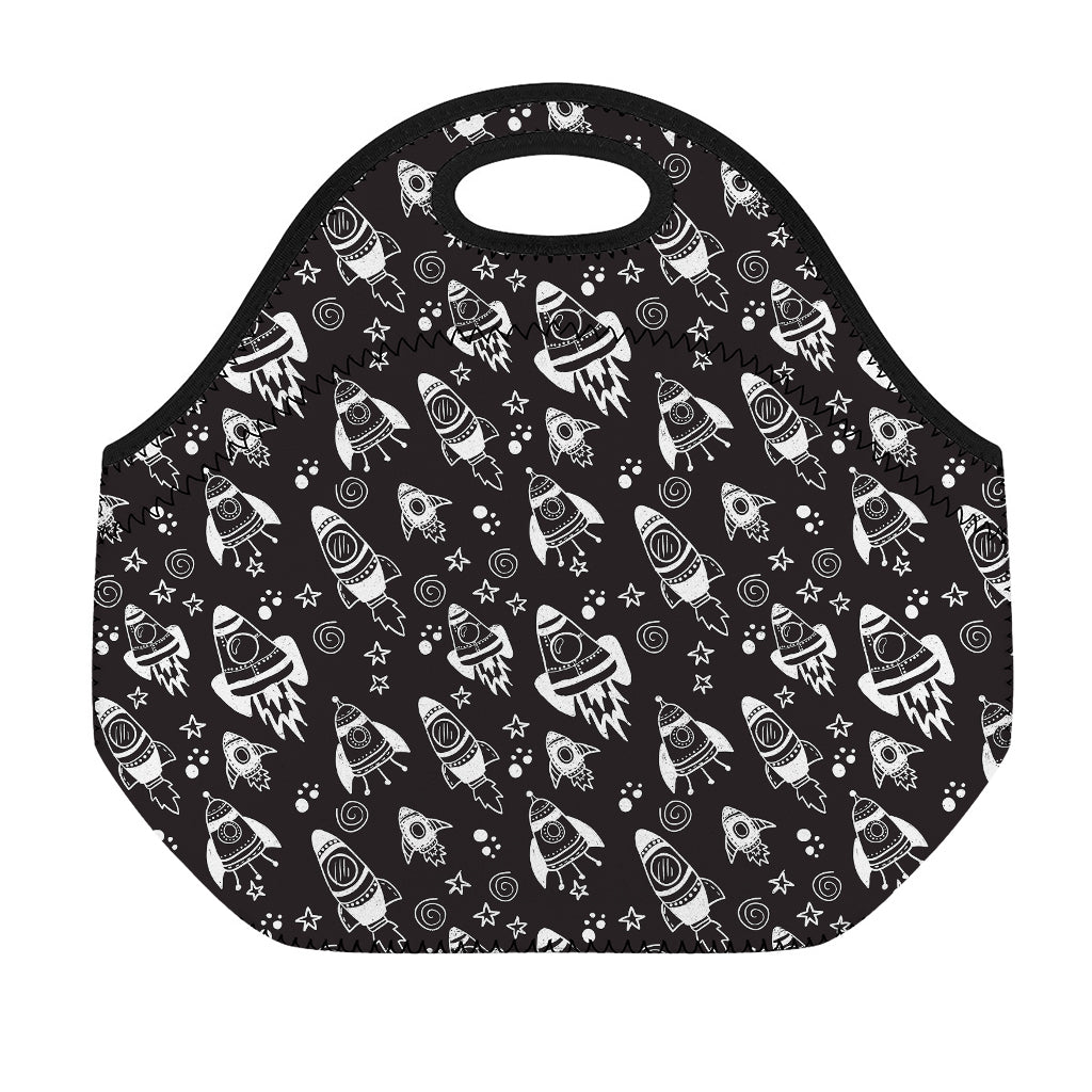 Black And White Rocket Pattern Print Neoprene Lunch Bag