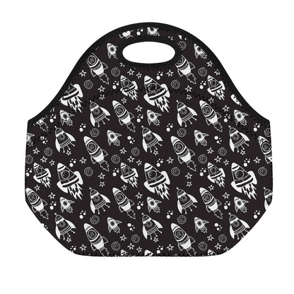 Black And White Rocket Pattern Print Neoprene Lunch Bag