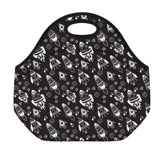 Black And White Rocket Pattern Print Neoprene Lunch Bag