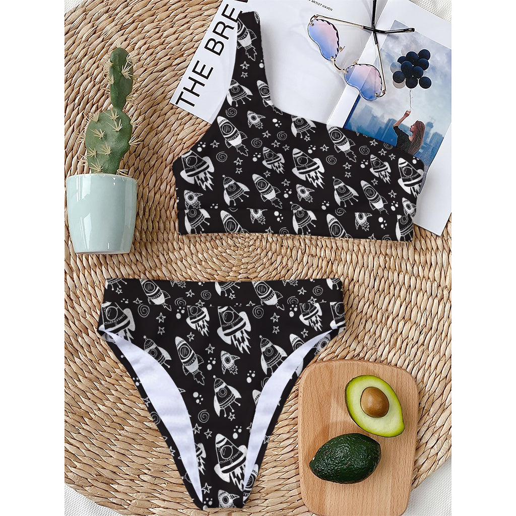 Black And White Rocket Pattern Print One Shoulder Bikini Top