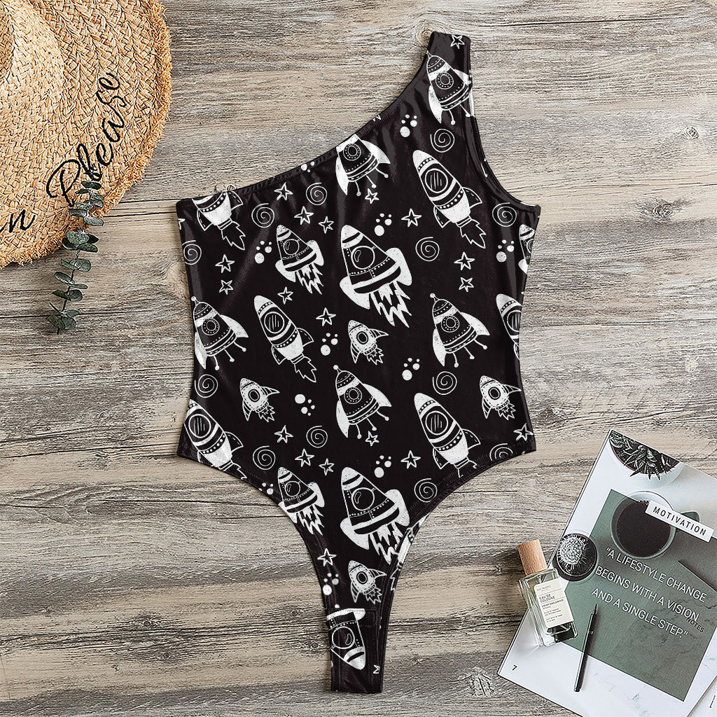 Black And White Rocket Pattern Print One Shoulder Bodysuit
