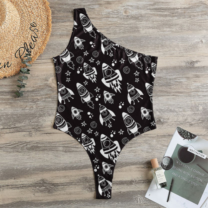 Black And White Rocket Pattern Print One Shoulder Bodysuit