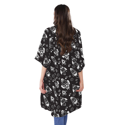 Black And White Rocket Pattern Print Open Front Beach Cover Up
