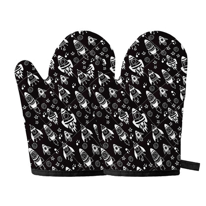 Black And White Rocket Pattern Print Oven Mitts