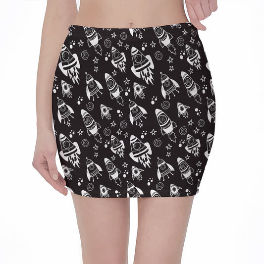 Black And White Rocket Pattern Print Pencil Mini Skirt