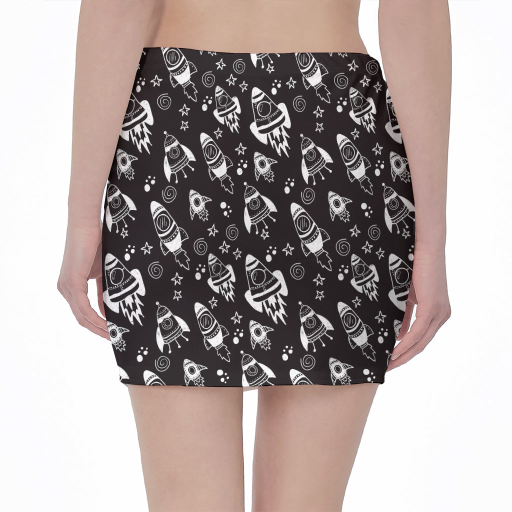 Black And White Rocket Pattern Print Pencil Mini Skirt