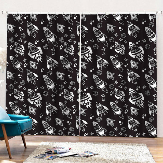 Black And White Rocket Pattern Print Pencil Pleat Curtains