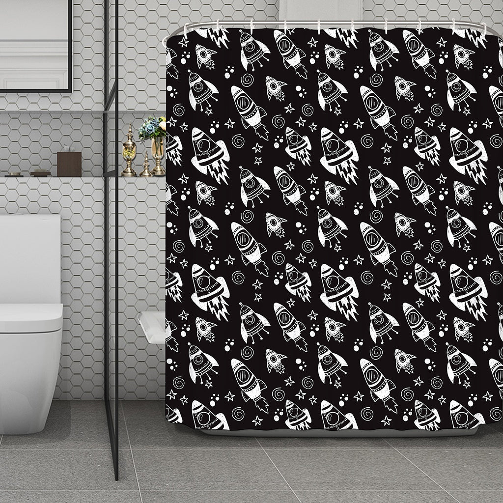 Black And White Rocket Pattern Print Polyester Shower Curtain