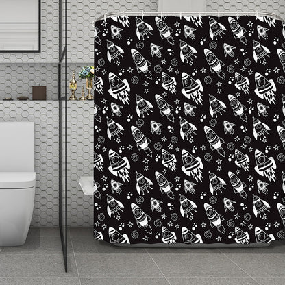 Black And White Rocket Pattern Print Polyester Shower Curtain