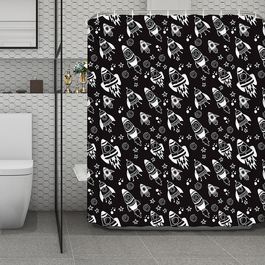 Black And White Rocket Pattern Print Polyester Shower Curtain