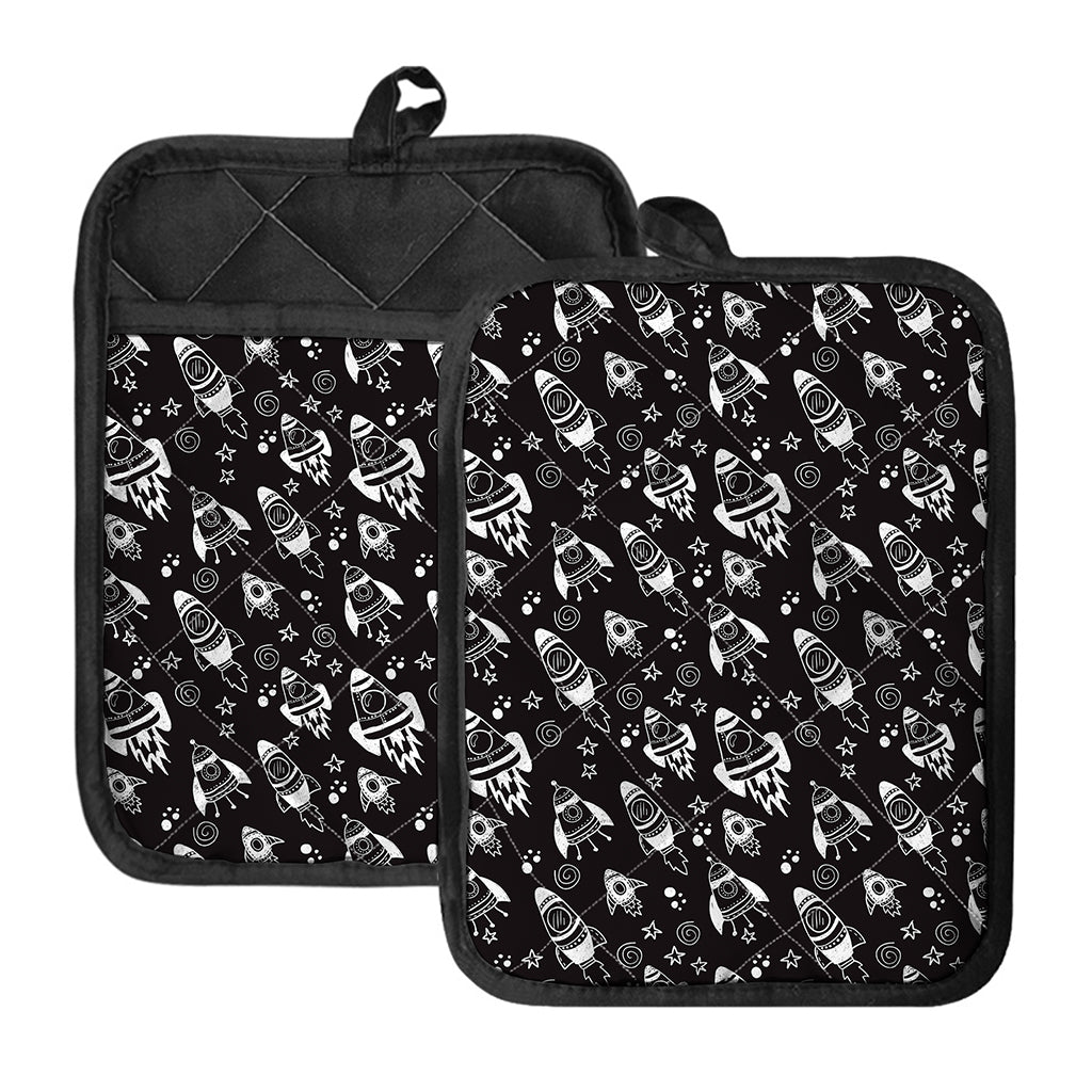 Black And White Rocket Pattern Print Pot Holders With Pocket