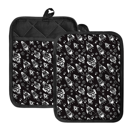 Black And White Rocket Pattern Print Pot Holders With Pocket