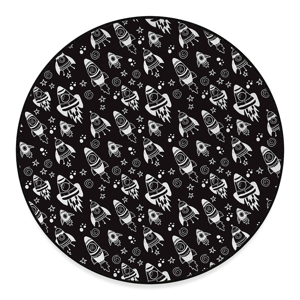 Black And White Rocket Pattern Print Round Floor Mat