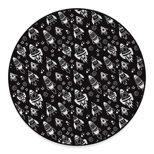 Black And White Rocket Pattern Print Round Floor Mat