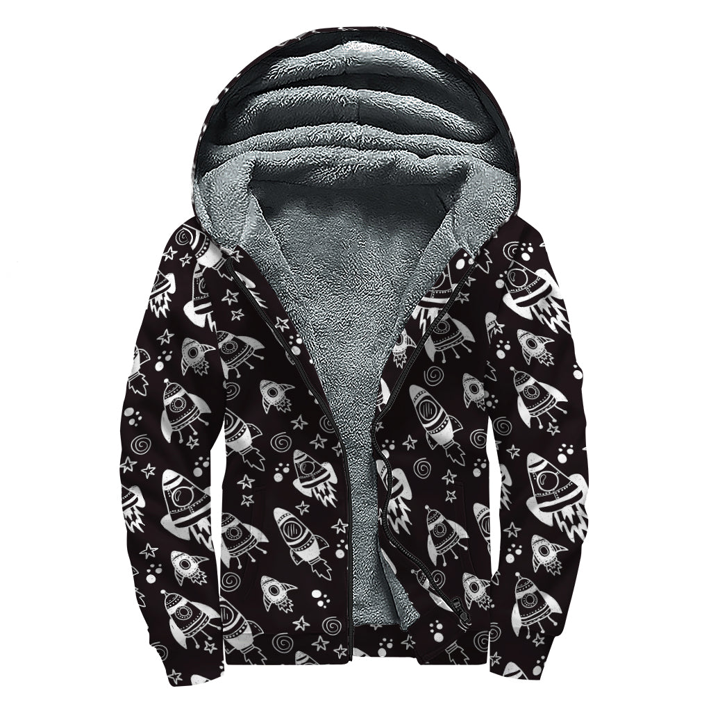 Black And White Rocket Pattern Print Sherpa Lined Zip Up Hoodie