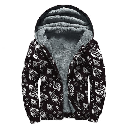 Black And White Rocket Pattern Print Sherpa Lined Zip Up Hoodie