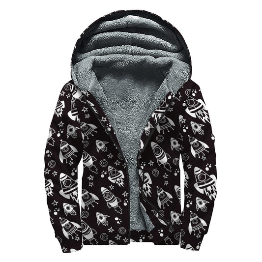 Black And White Rocket Pattern Print Sherpa Lined Zip Up Hoodie