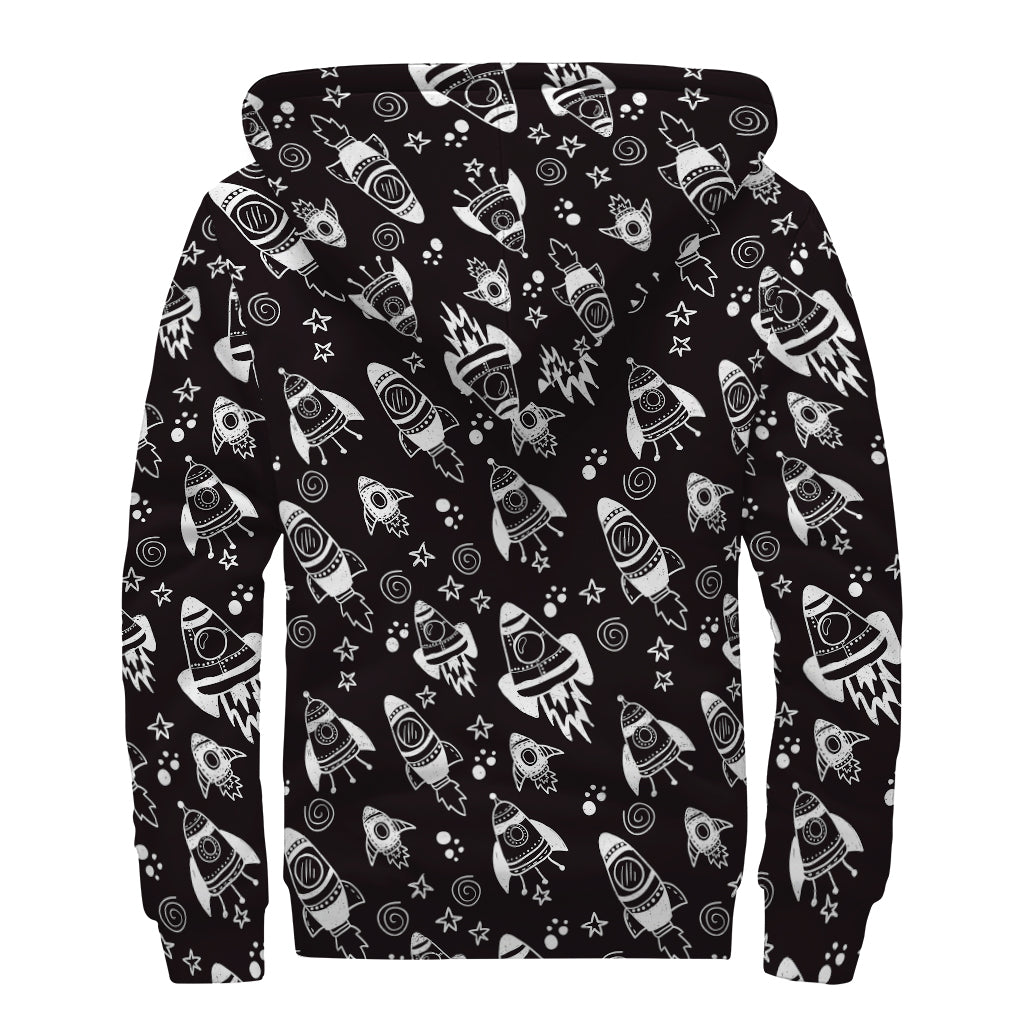 Black And White Rocket Pattern Print Sherpa Lined Zip Up Hoodie