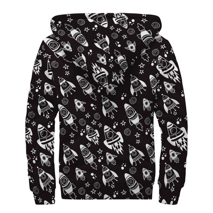 Black And White Rocket Pattern Print Sherpa Lined Zip Up Hoodie
