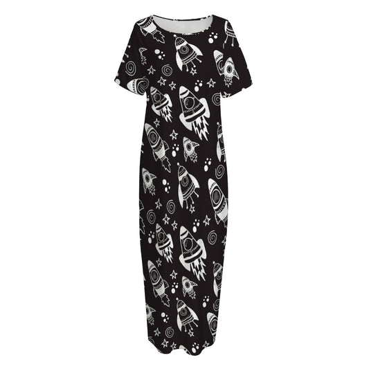 Black And White Rocket Pattern Print Short Sleeve Long Nightdress